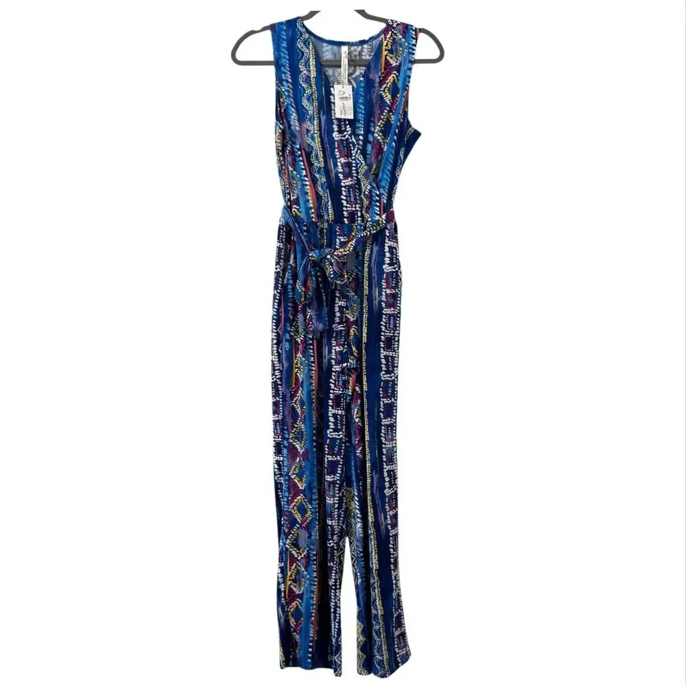 NY Collection Womens Sleeveless Printed Surplice Jumpsuit Petite Small Blue NWT - Picture 1 of 7